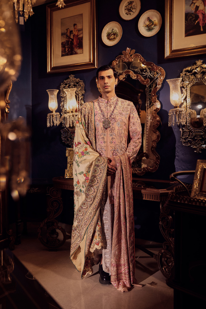 PINK MENS FLORAL SHERWANI