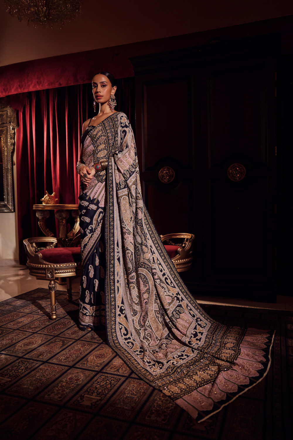 BLACK MUGHAL ZARDOZI SAREE