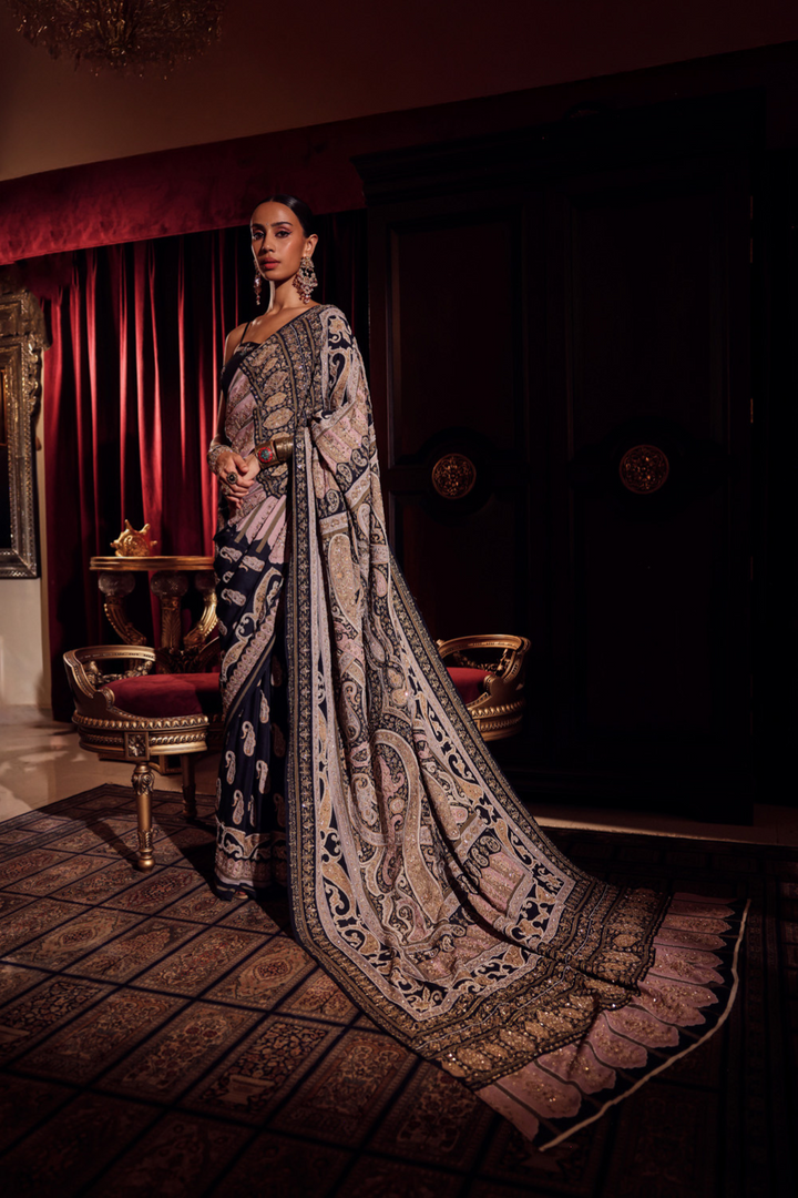 BLACK MUGHAL ZARDOZI SAREE