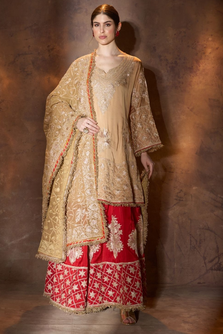 Red & Beige Tilla Embroidery Gharara