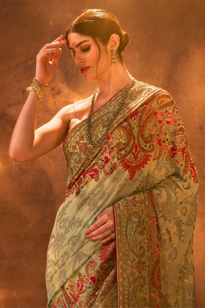 Kalamkaari  Pistachio Fusion Saree