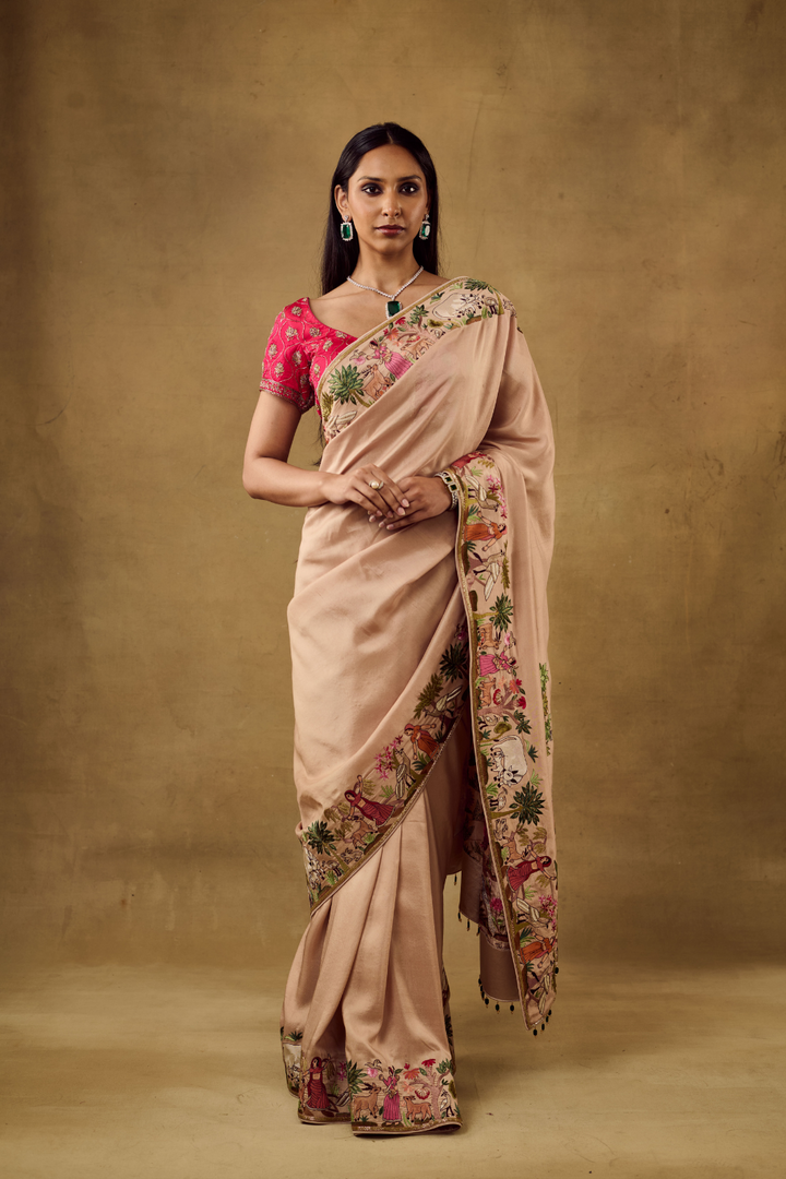 Opulent Beige Silk Saree Krishna Leela