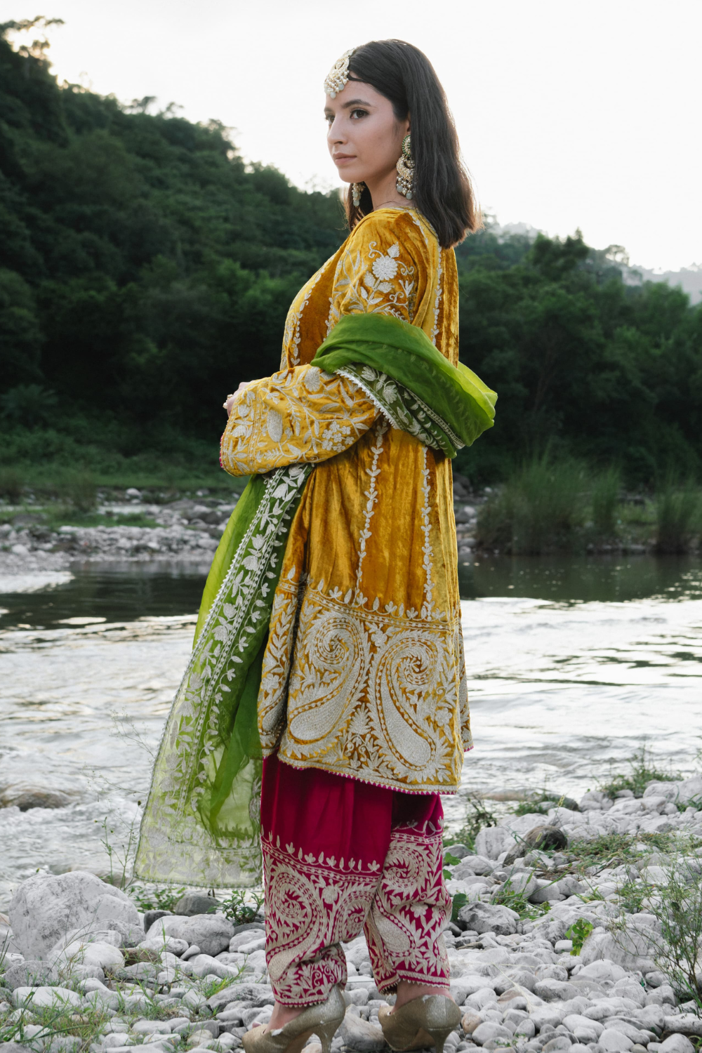 Yellow Mustard Kashmiri Tilla Embroidery Suit