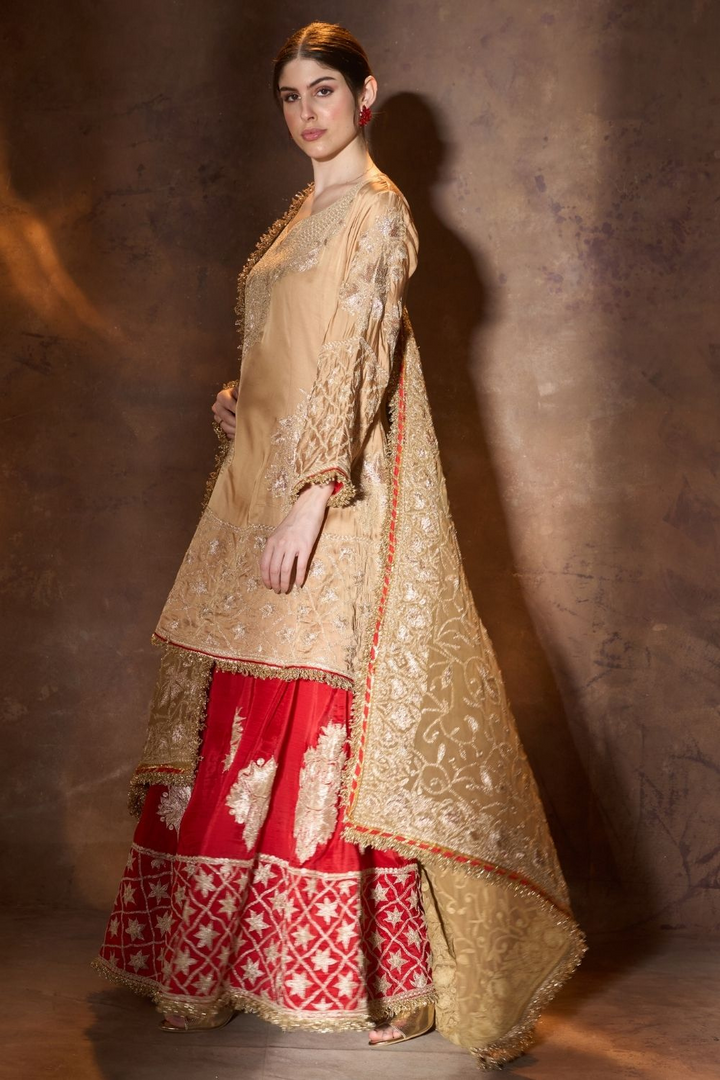 Red & Beige Tilla Embroidery Gharara