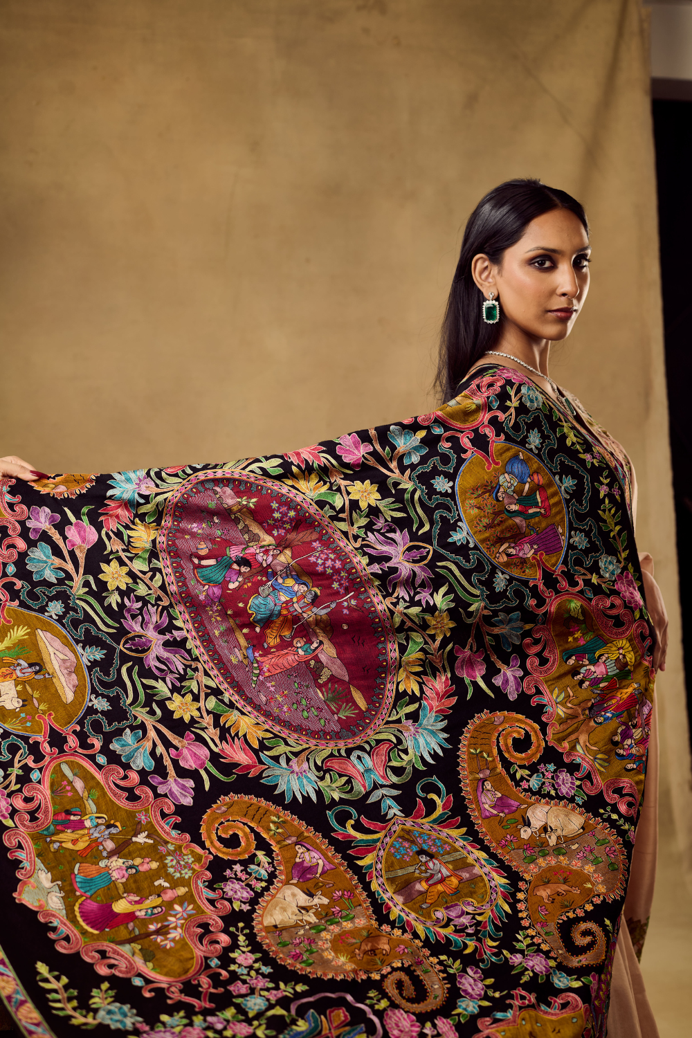 Royal Black Krishan Leela Pashmina Shawl