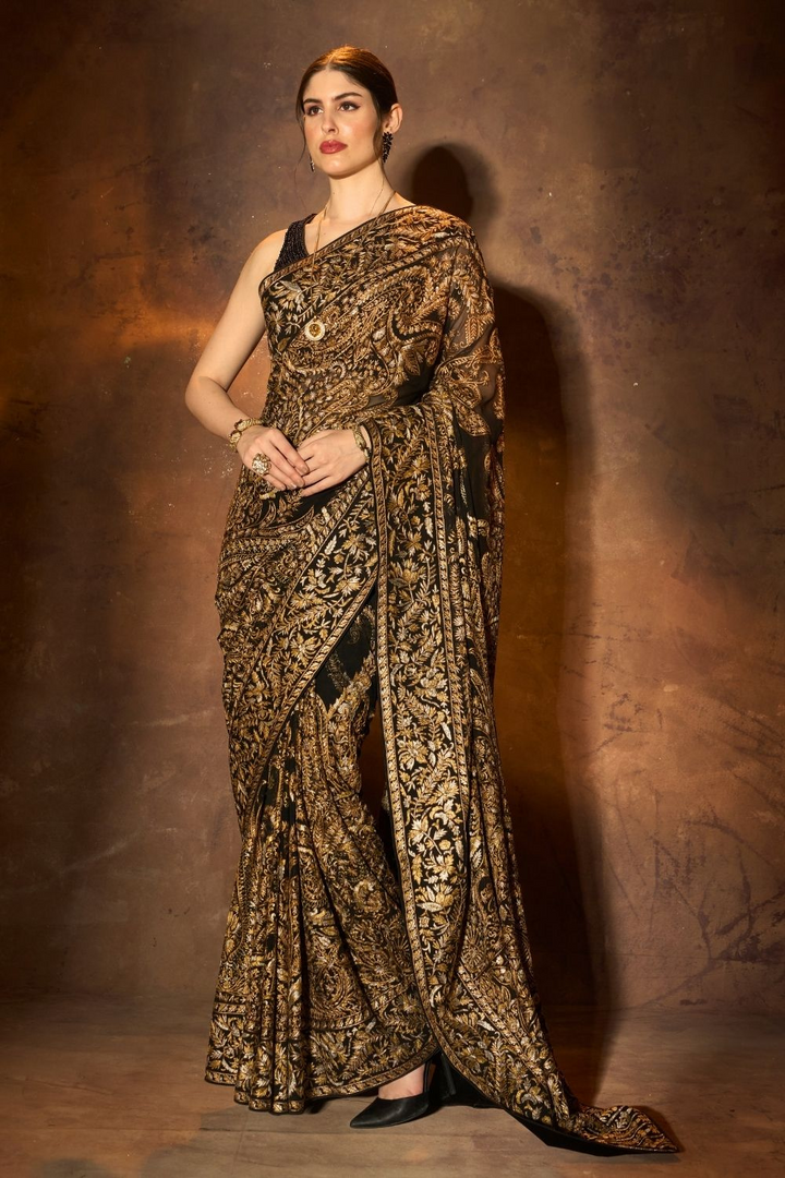 Black Copper Tilla Embroidery Saree