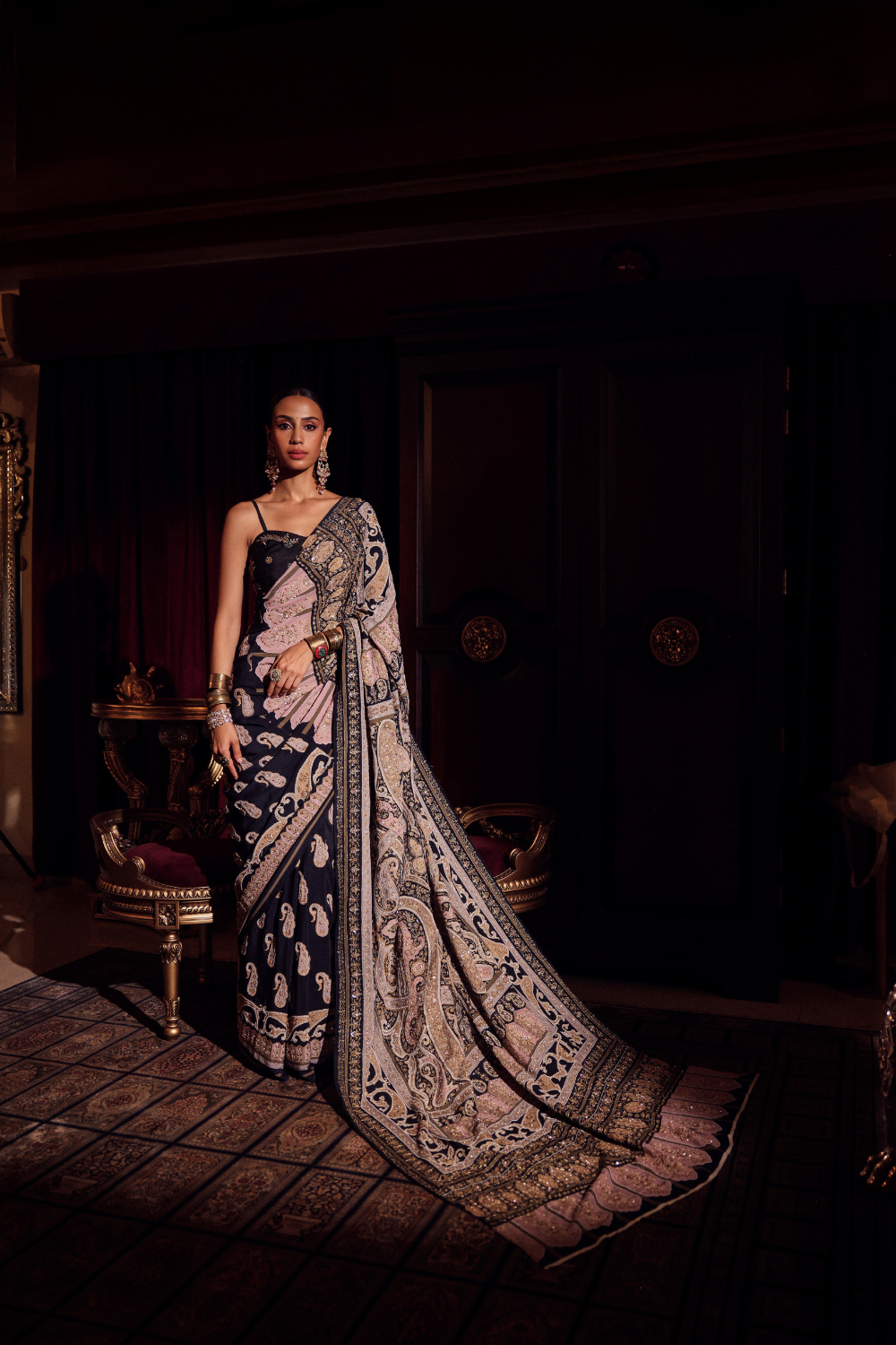 BLACK MUGHAL ZARDOZI SAREE