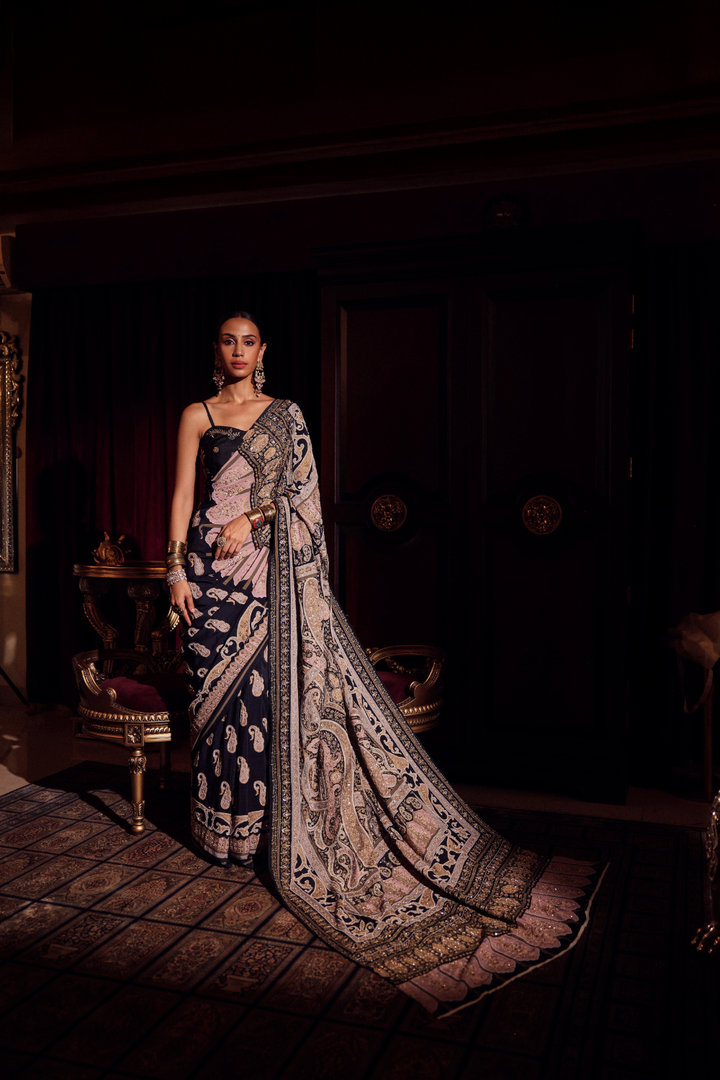 BLACK MUGHAL ZARDOZI SAREE