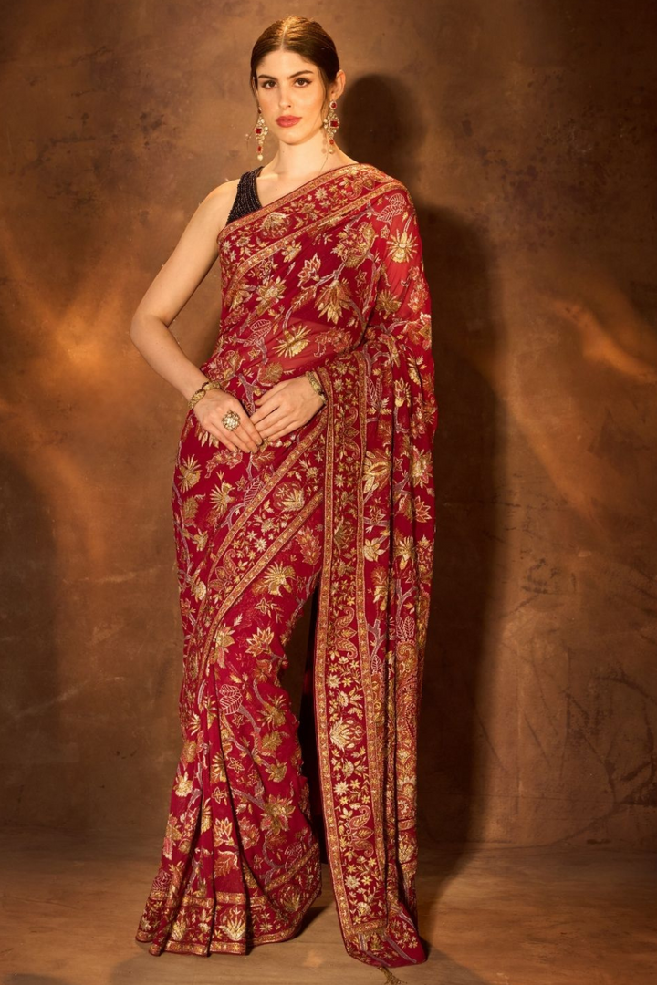 Wine Resham & Tilla Saree