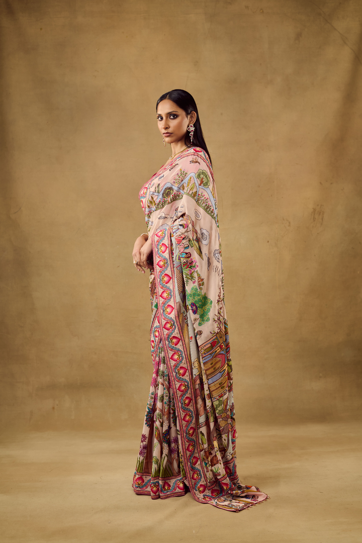 Baby Pink Georgette Life of Krishna Saree