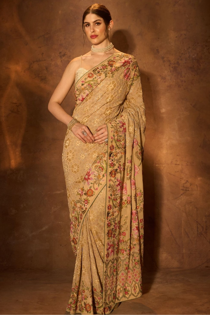 Peach Lemon  Zardozi Fusion Saree