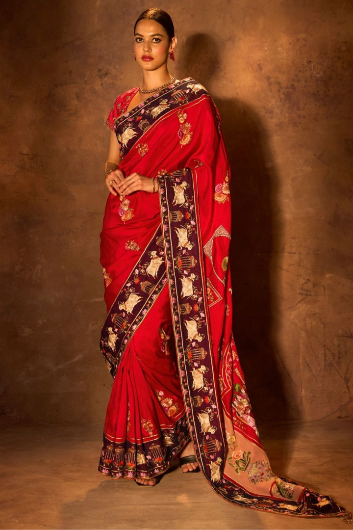 Krishna Leela Theme Maroon Silk Saree