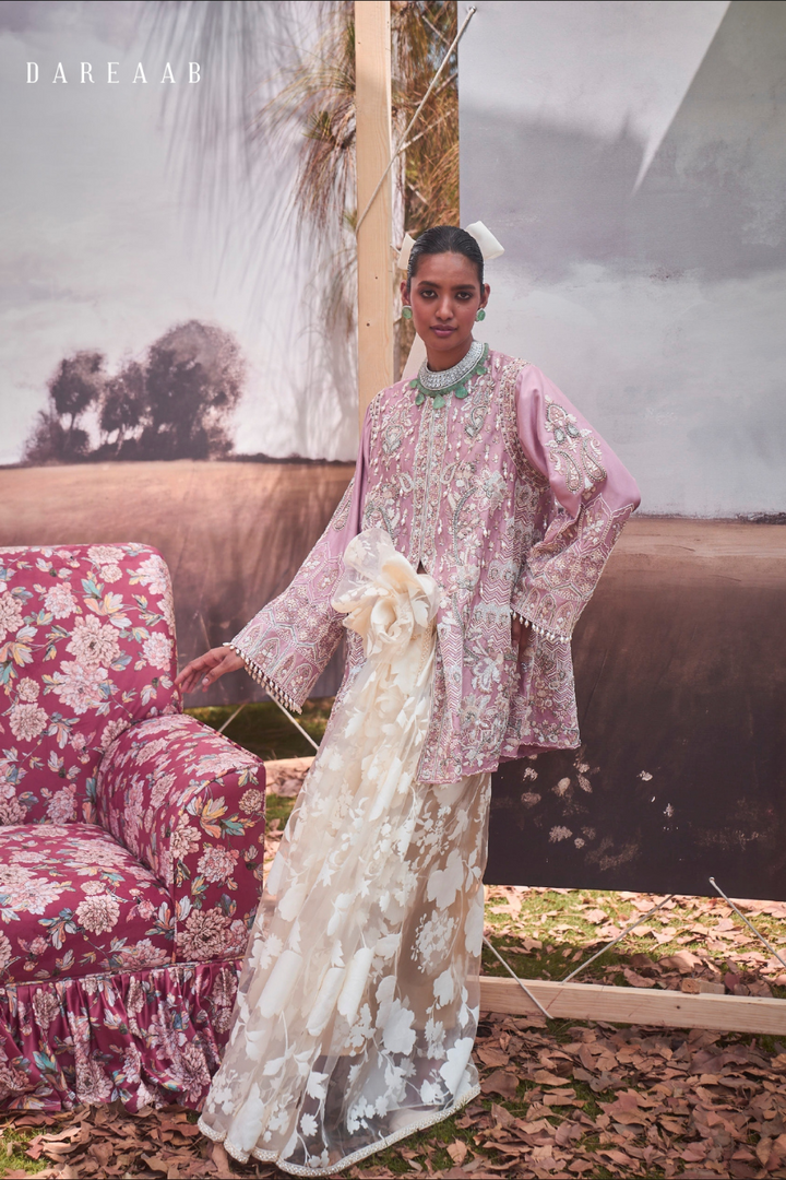 PELLE PINK EMBROIDERED JACKET PAIRED WITH A CLASSIC WHITE SAREE