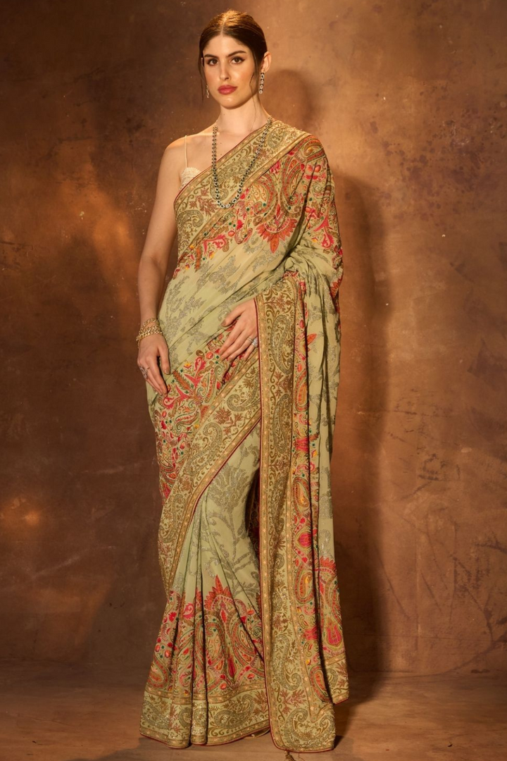 Kalamkaari  Pistachio Fusion Saree