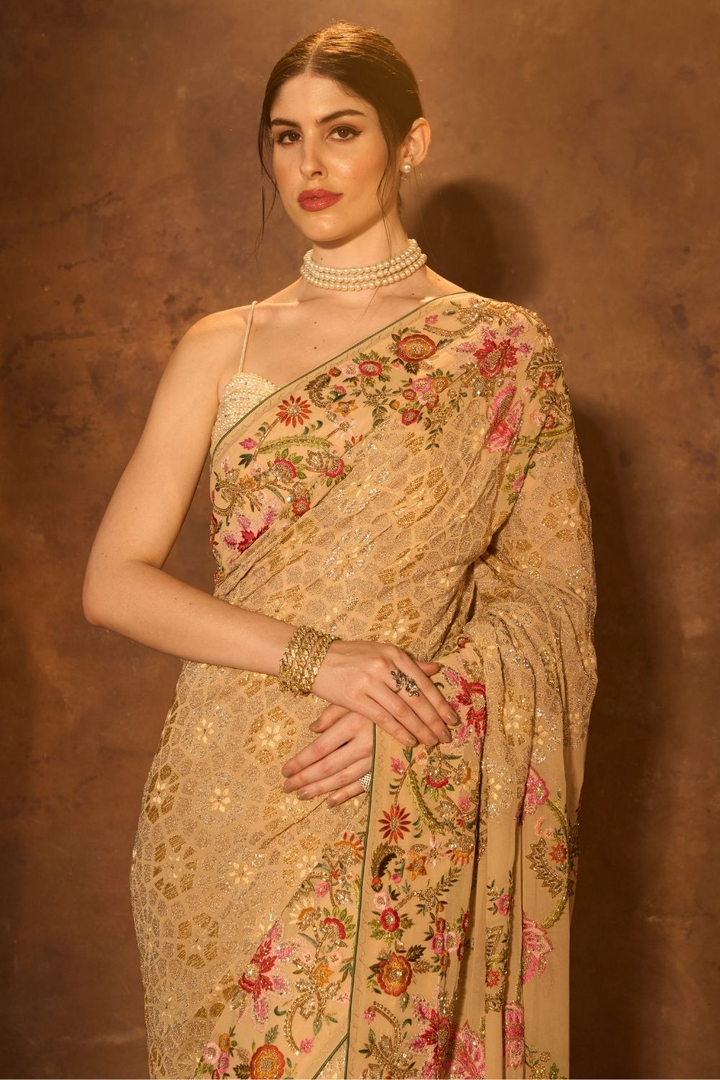 Peach Lemon  Zardozi Fusion Saree