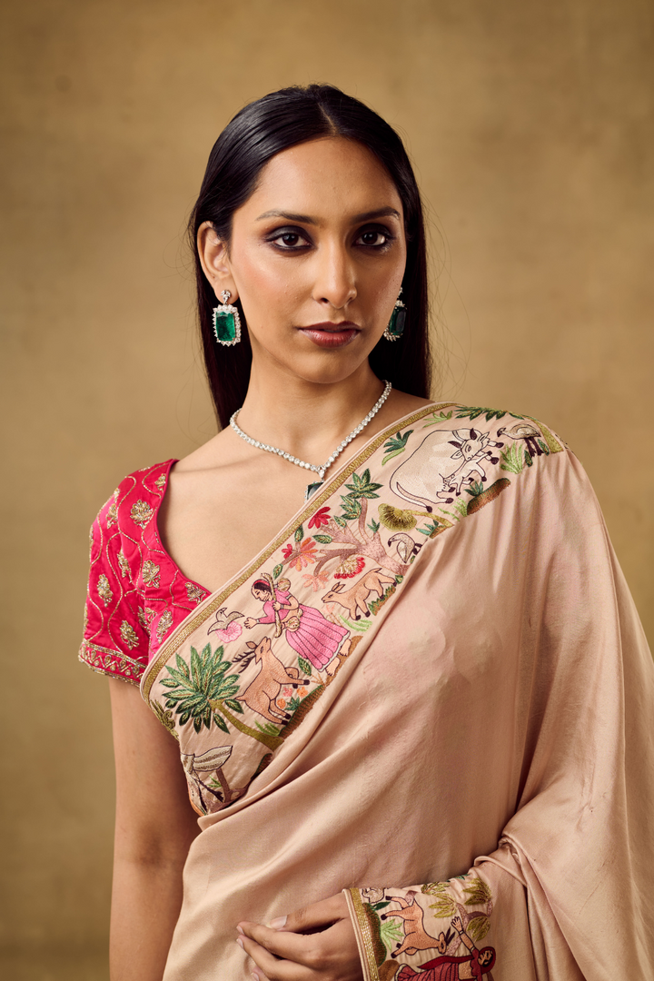 Opulent Beige Silk Saree Krishna Leela