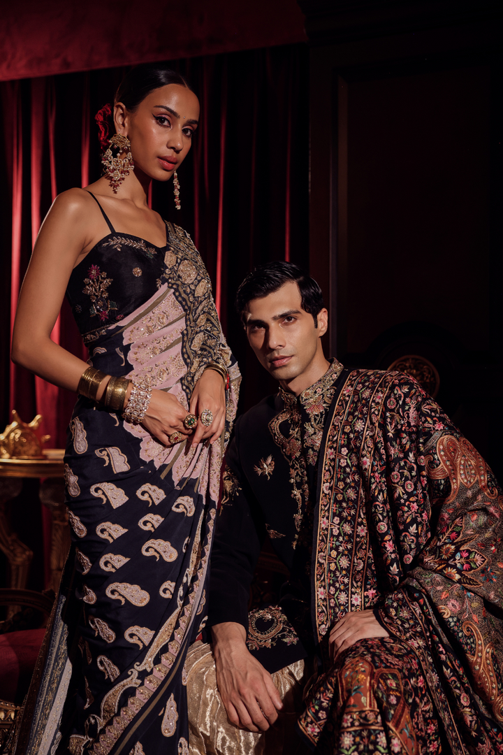 BLACK MUGHAL ZARDOZI SAREE