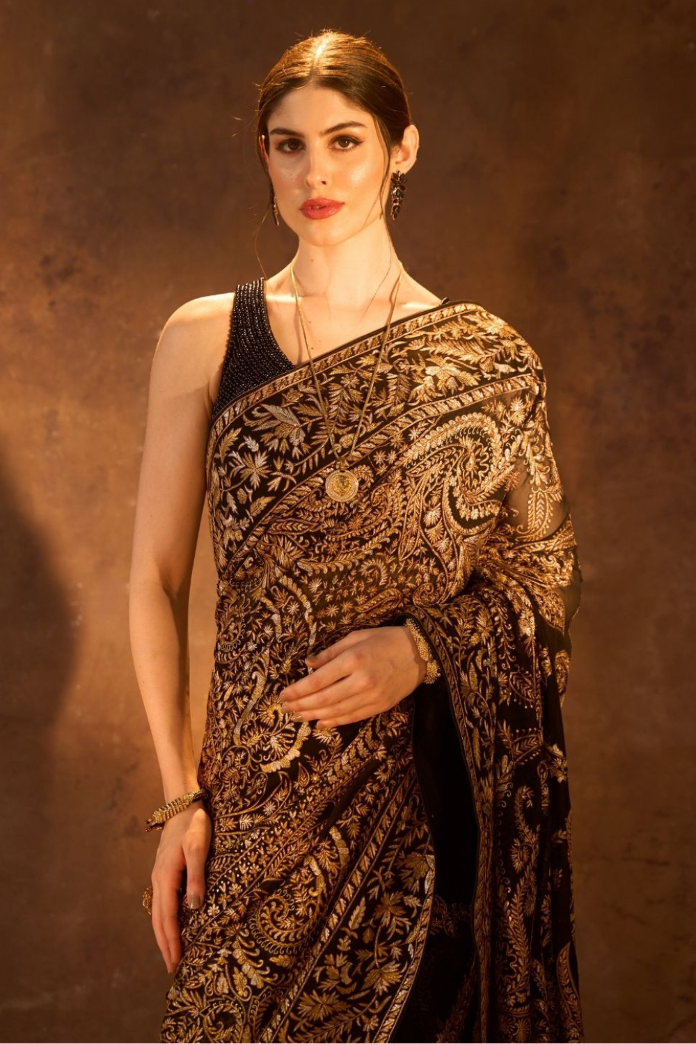 Black Copper Tilla Embroidery Saree