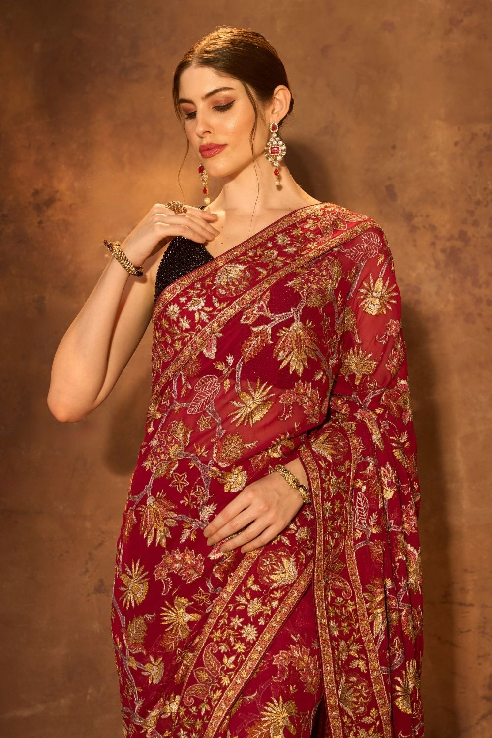 Wine Resham & Tilla Saree