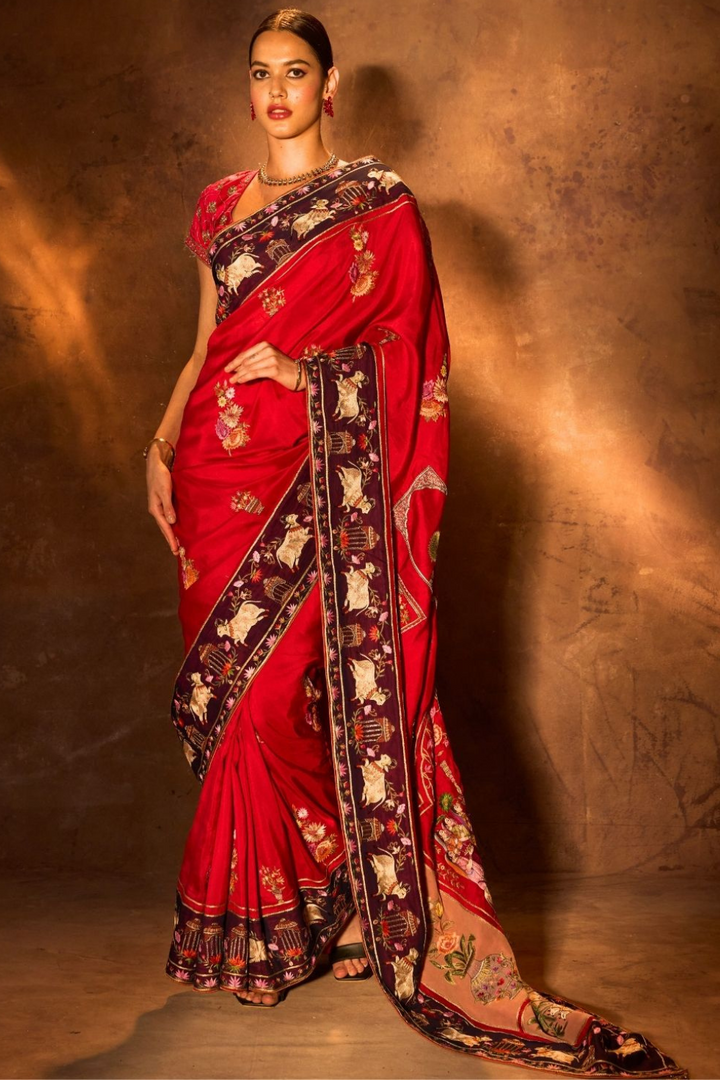 Krishna Leela Theme Maroon Silk Saree