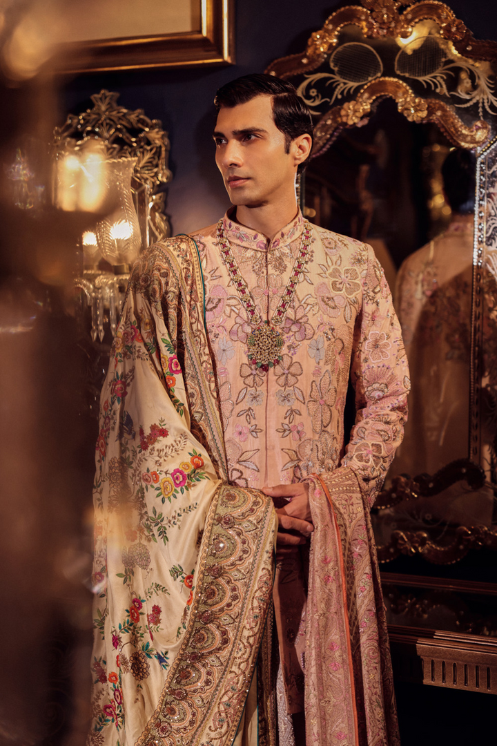 PINK MENS FLORAL SHERWANI