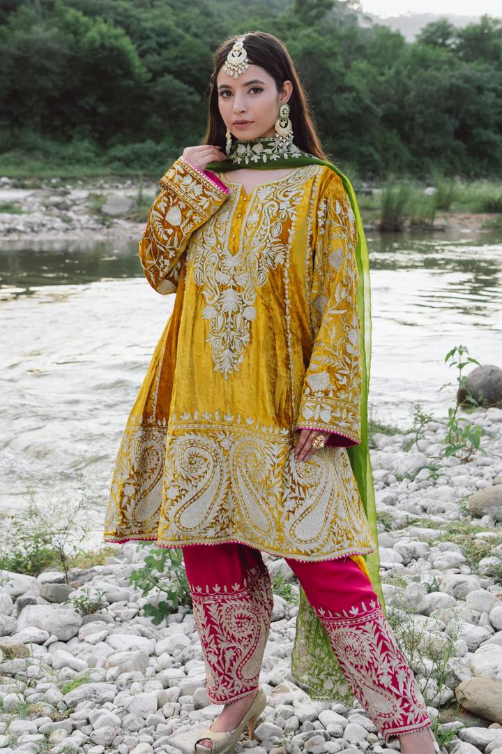 Yellow Mustard Kashmiri Tilla Embroidery Suit