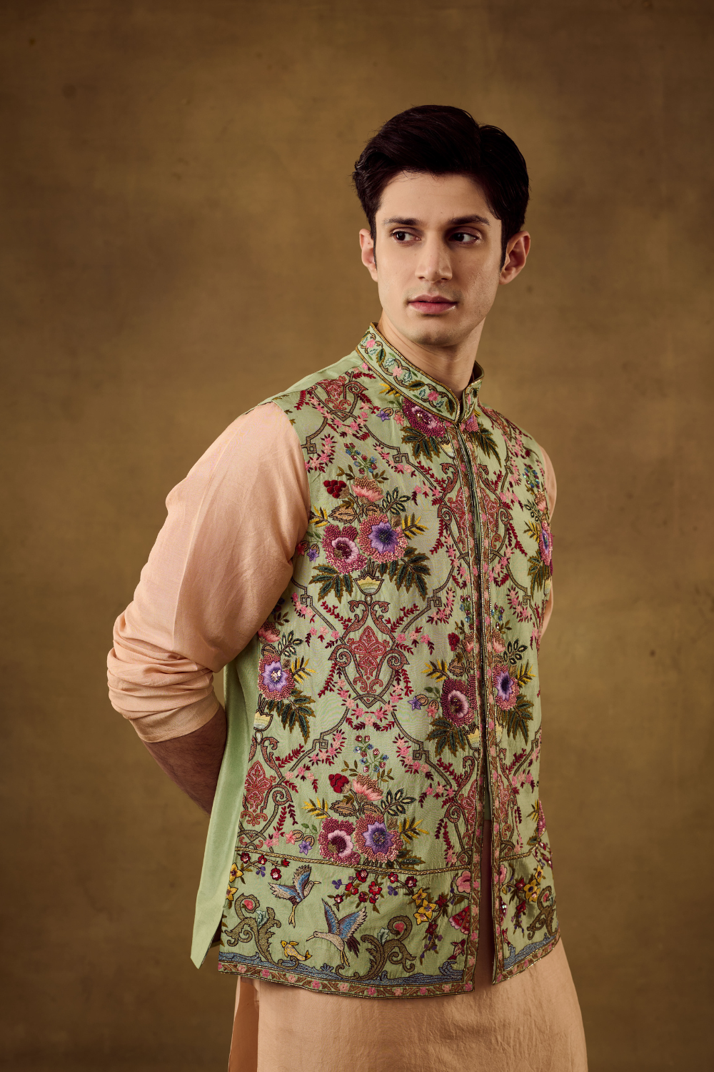 Pistachio Green Mens  Embroidery Jacket