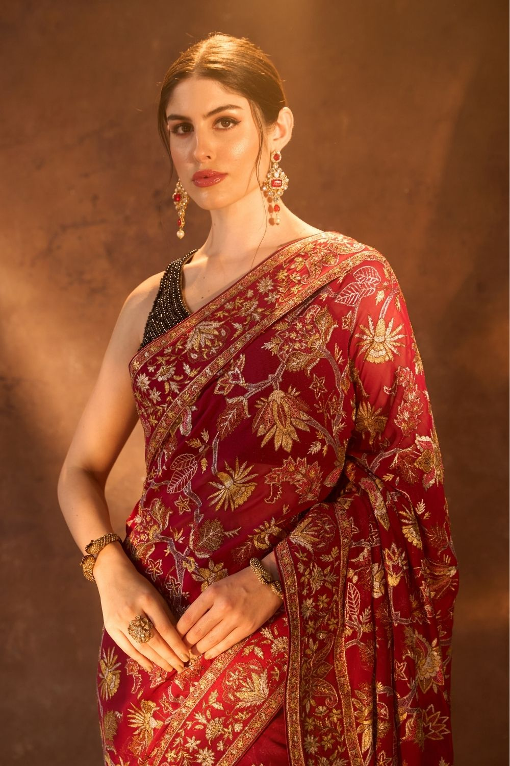 Wine Resham & Tilla Saree