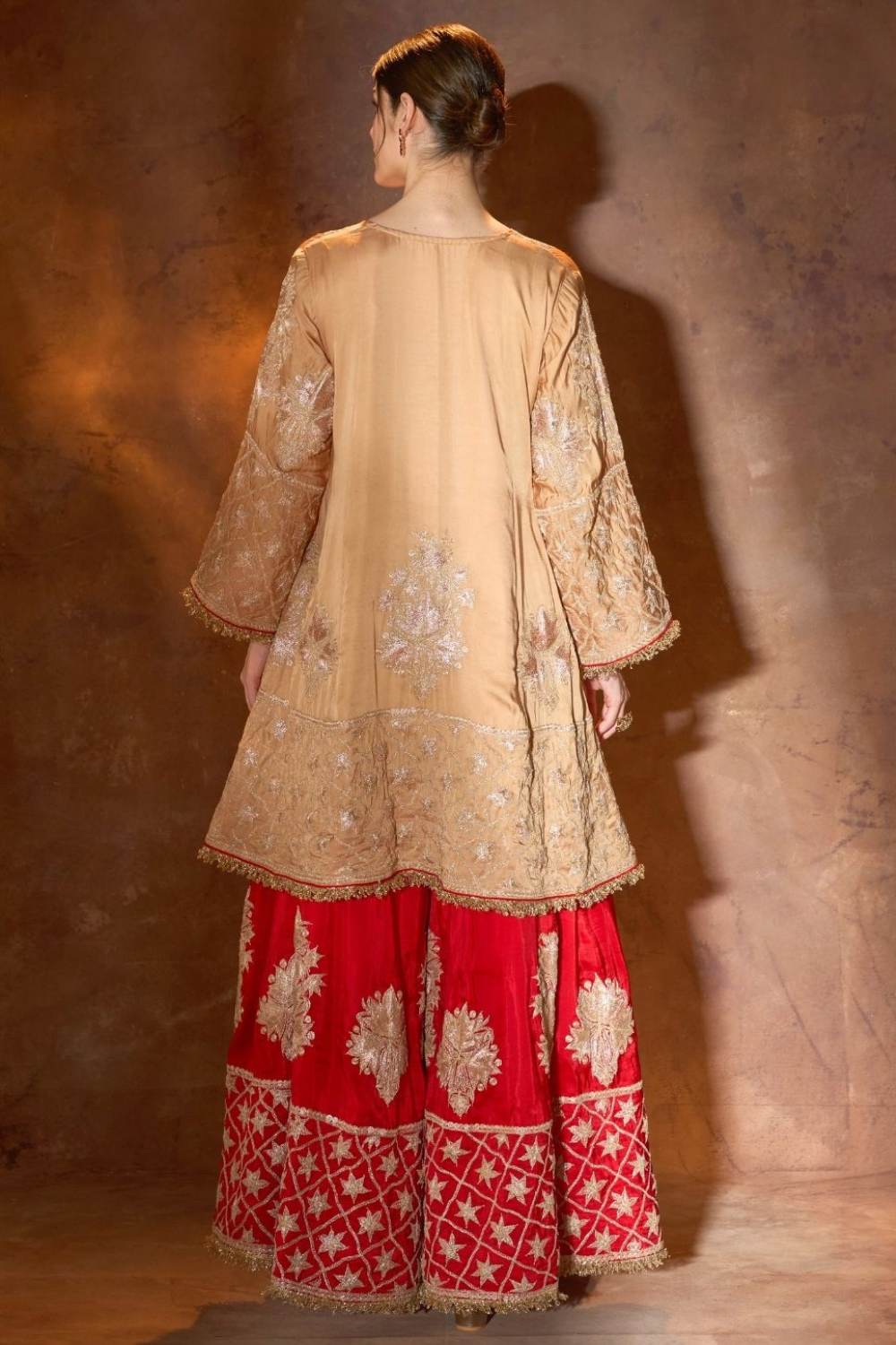 Red & Beige Tilla Embroidery Gharara