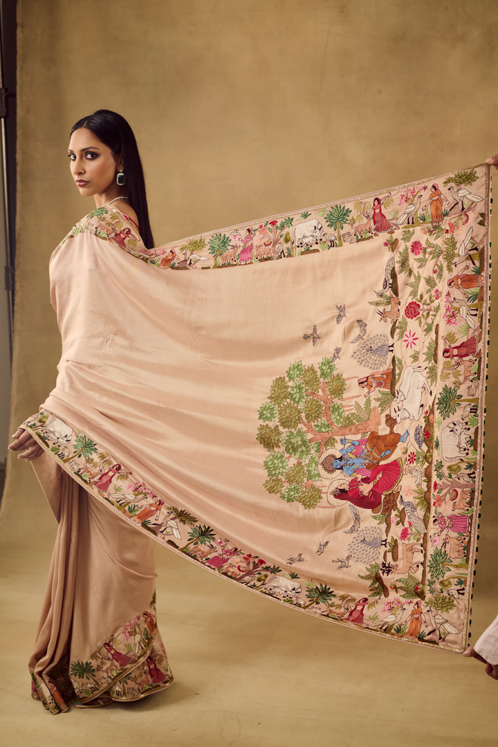 Opulent Beige Silk Saree Krishna Leela