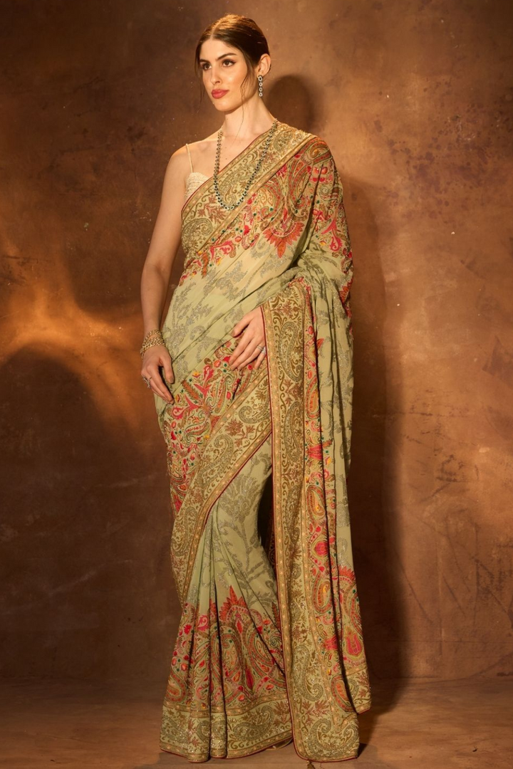 Kalamkaari  Pistachio Fusion Saree