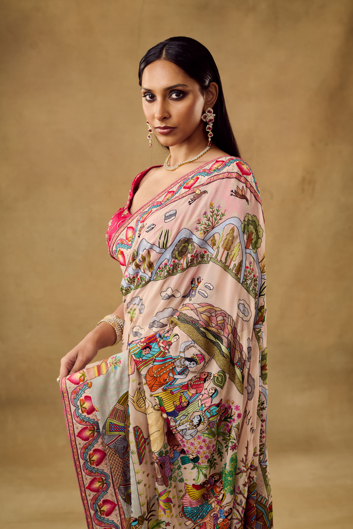 Baby Pink Georgette Life of Krishna Saree