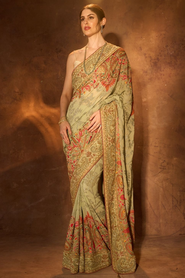 Kalamkaari  Pistachio Fusion Saree