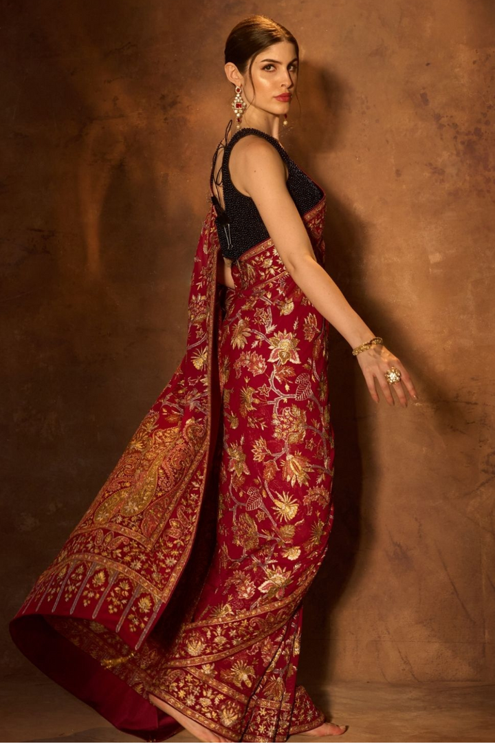 Wine Resham & Tilla Saree