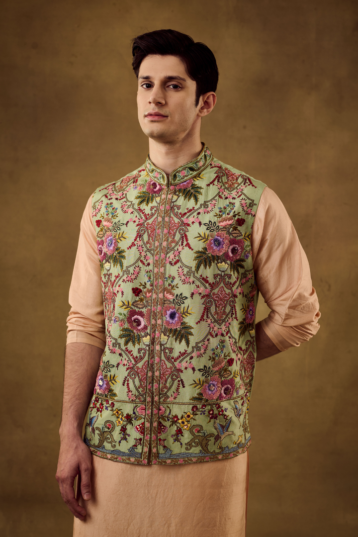 Pistachio Green Mens  Embroidery Jacket