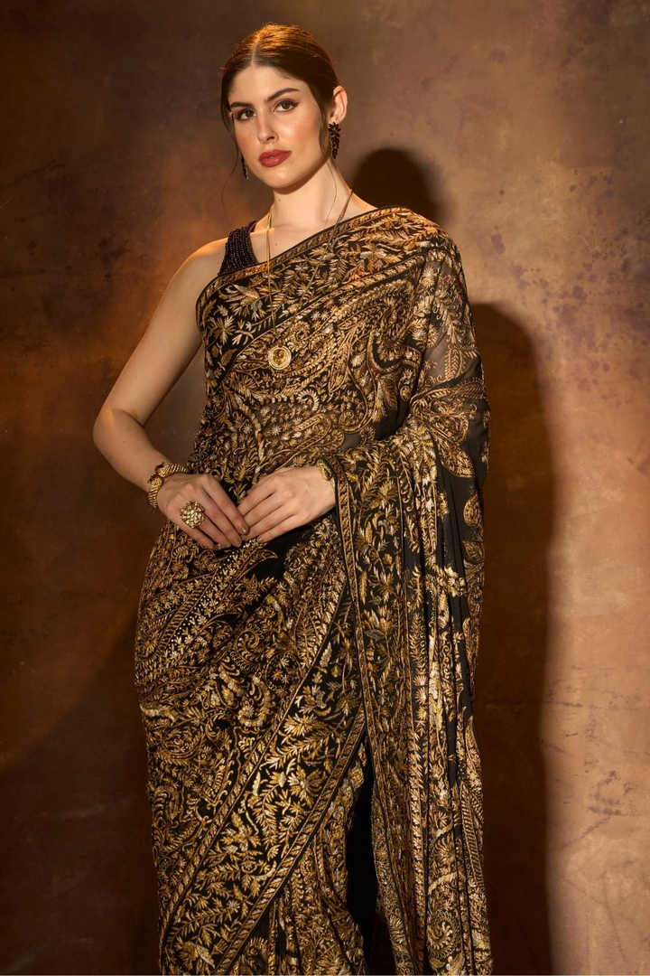 Black Copper Tilla Embroidery Saree