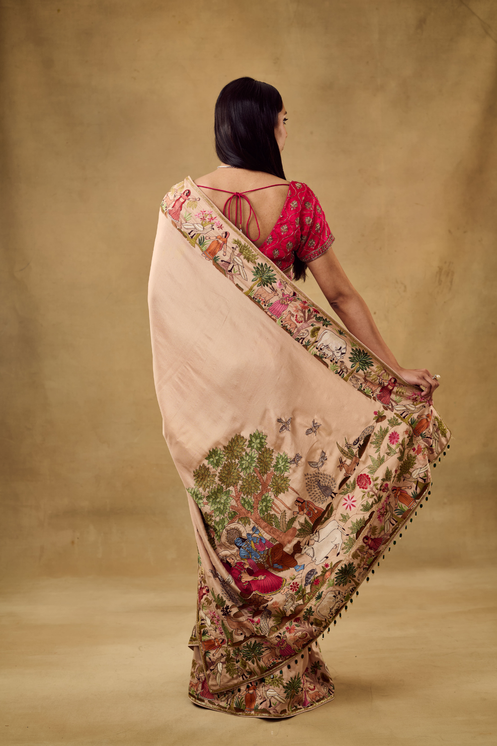 Opulent Beige Silk Saree Krishna Leela