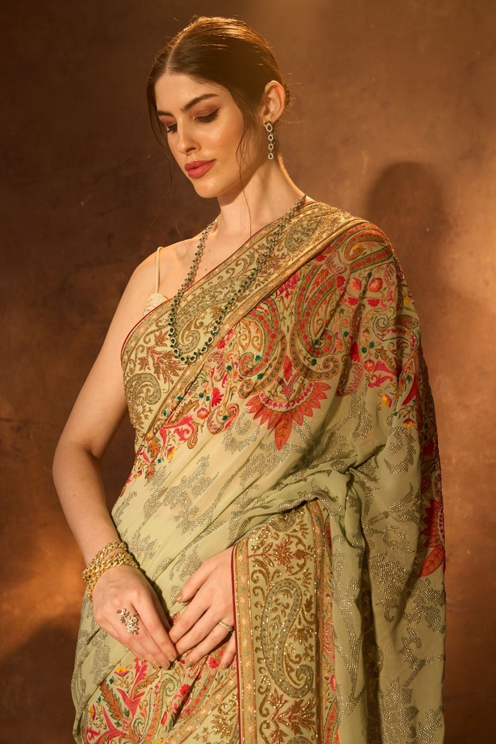 Kalamkaari  Pistachio Fusion Saree