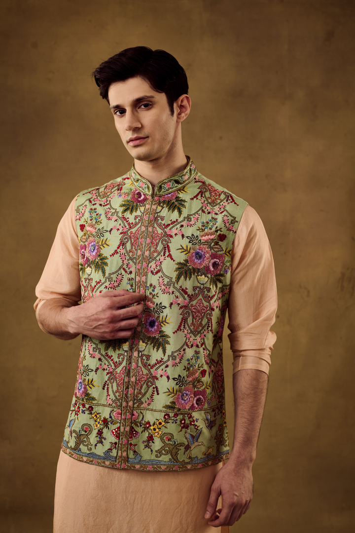 Pistachio Green Mens  Embroidery Jacket