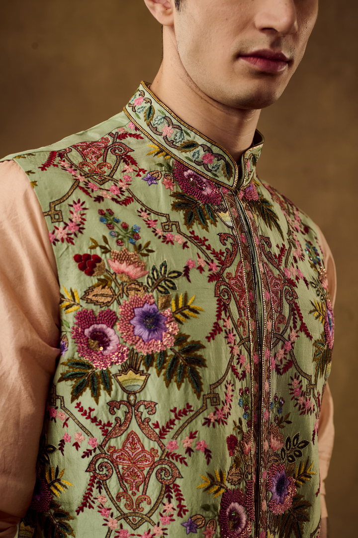 Pistachio Green Mens  Embroidery Jacket