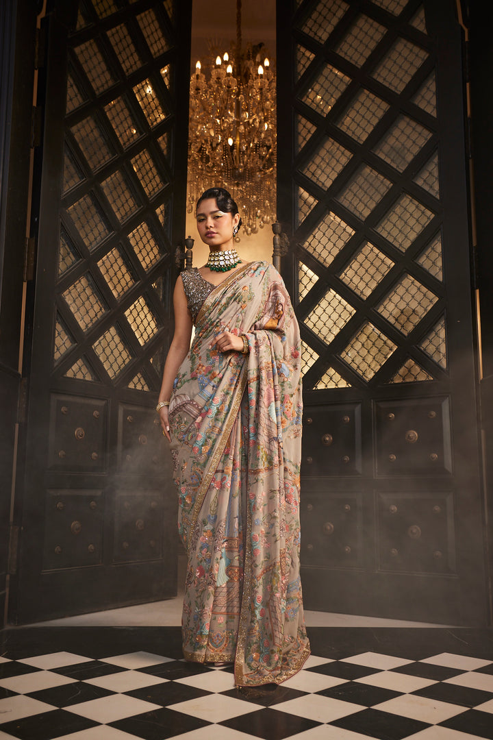 Pastel Grey Resham Embroidery Saree