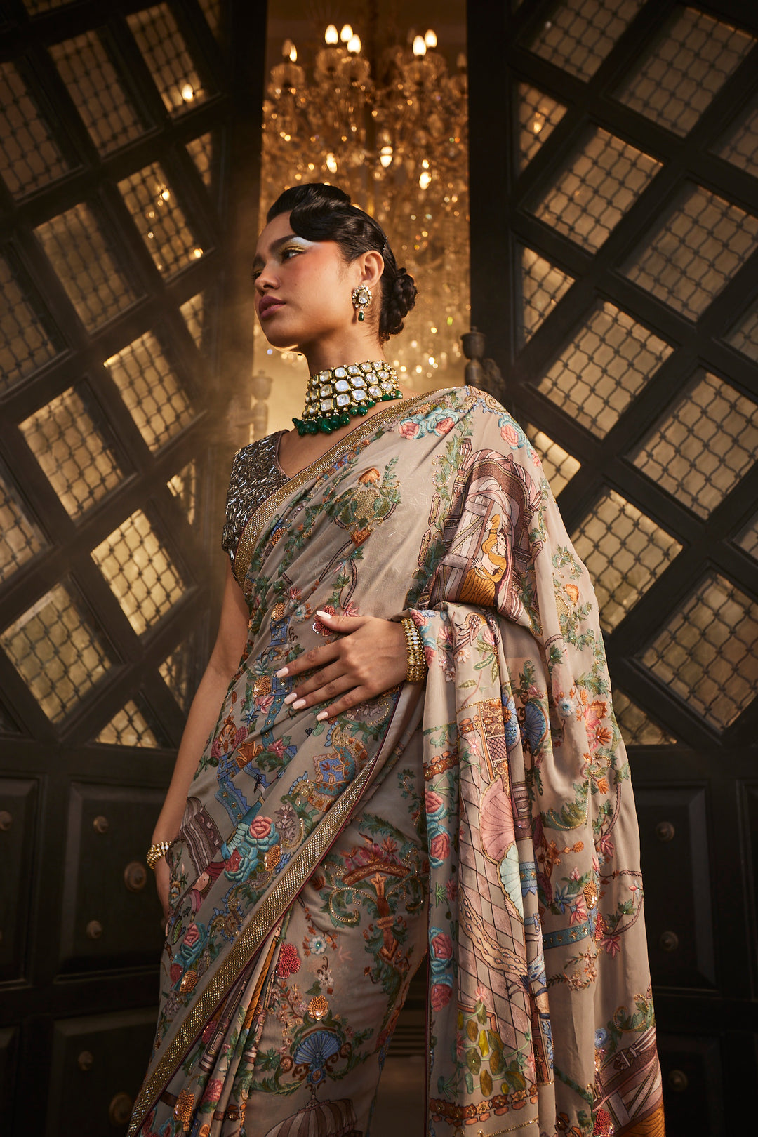 Pastel Grey Resham Embroidery Saree