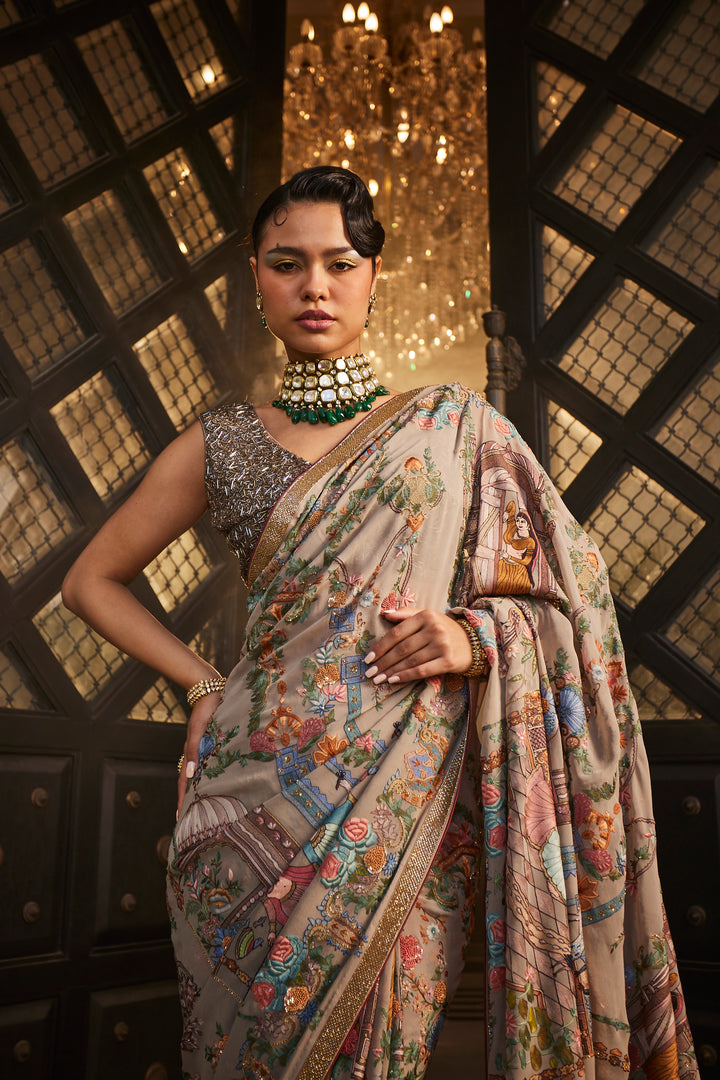 Pastel Grey Resham Embroidery Saree