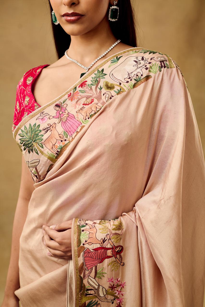 Opulent Beige Silk Saree Krishna Leela